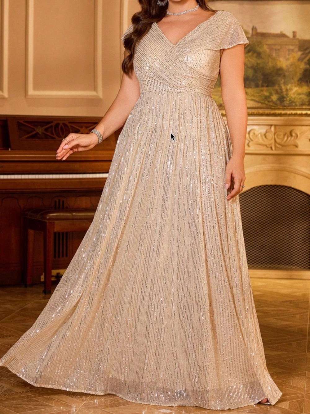 Plus Champagne Sequins V neck High Waisted Party Evening Wedding Gown Dress